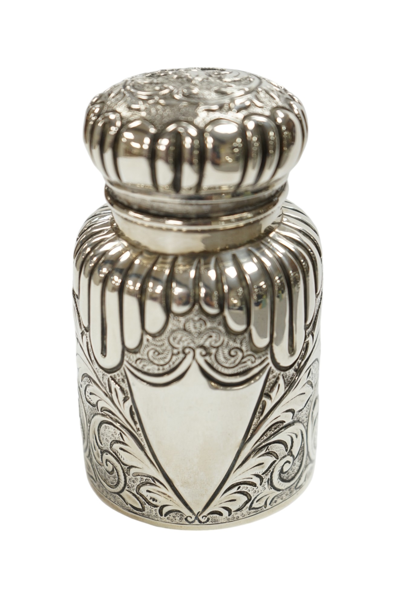 A late Victorian embossed silver scent bottle, by Arthur Wilmore Pennington, Birmingham, 1890, 95mm. Condition - poor to fair